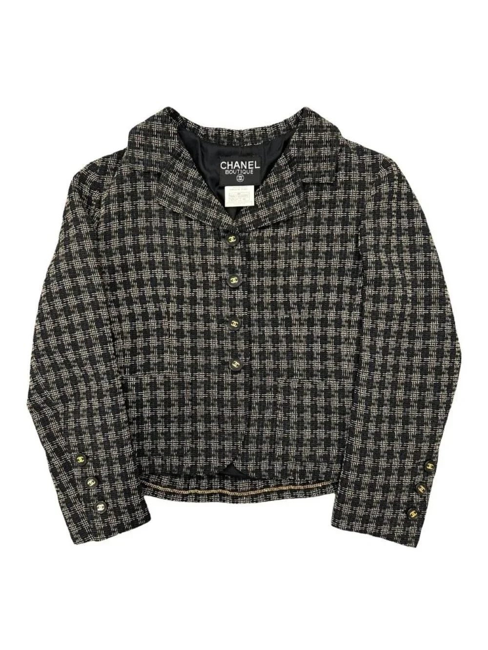 Chanel Tweed Check Pattern CC Logo Button Wool Acrylic Jacket Black
